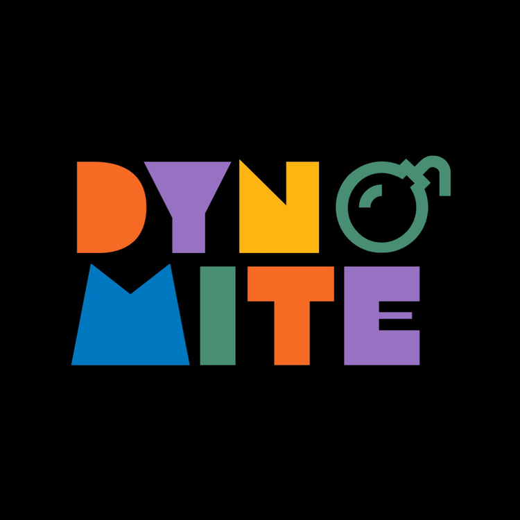 Dynomite logo written in a multicolored think display font, where the o is an icon of an explosive