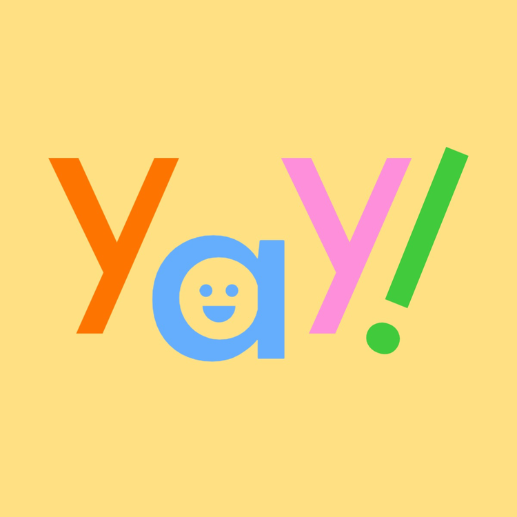 Yay! logo written in the font Josefin Sans in multiple colors against a pale yellow background with a smily face in the a