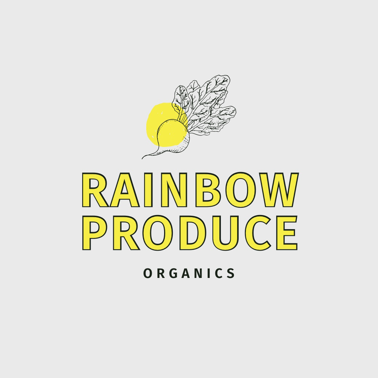 Rainbow Produce Organics logo written in the fonts Fira Sans Medium and SemiBold in yellow with an icon of a radish