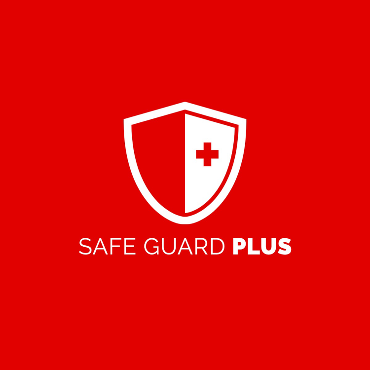 Safe Guard Plus logo with an icon of a shield with a plus sign against a bright red background