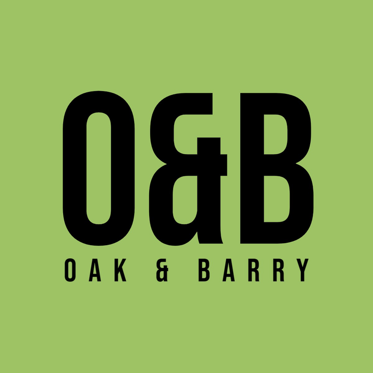 Oak & Barry monogram logo written in the font Bebas Neue in black against a lime green background