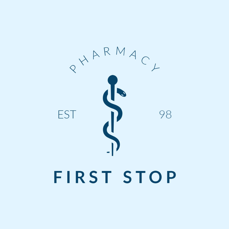First Stop Pharmacy logo written in a dark blue sans serif font with an icon of a physician's staff with a snake around it