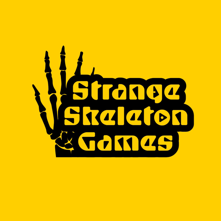 Strange Skeleton Games logo written in an outline display font with an icon of a skeleton hand against a bright yellow background