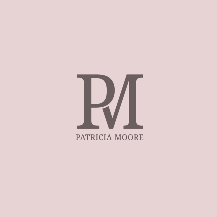 Patricia Moore monogram logo written in the font Noto Serif in grey against a beige background