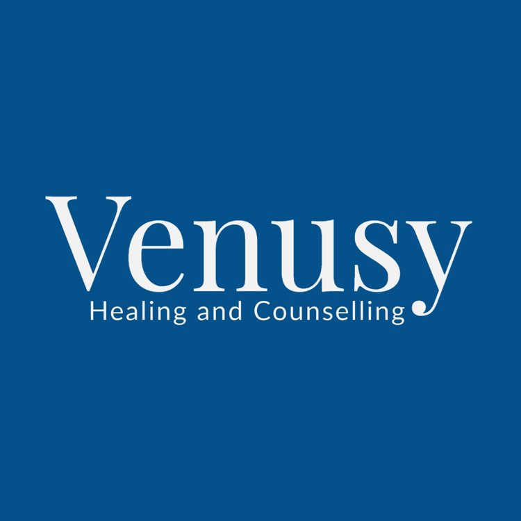 Venusy Healing and Counselling logo written in the fonts Playfair Display and Lato in white against a blue background