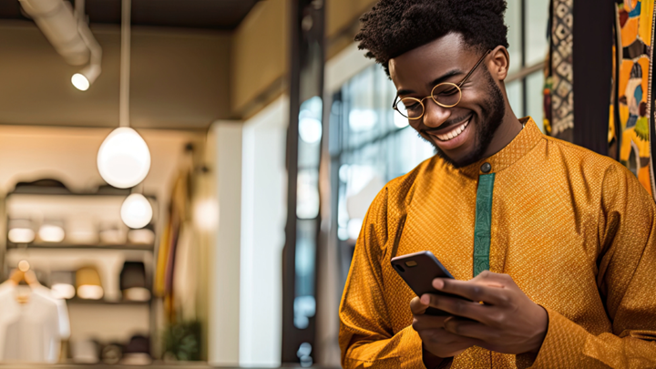 Man with phone A man holds a mobile phone and smiles at the screen. He wearing glasses and a yellow shirt.