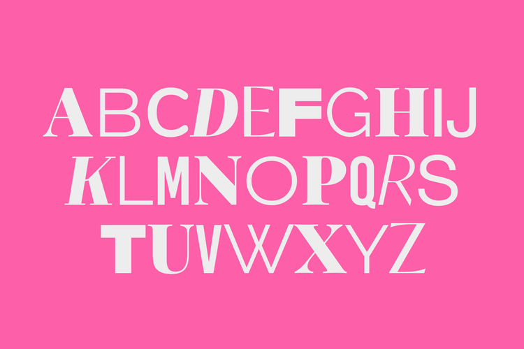 The alphabet with each letter displayed in a different font written in white against a pink background