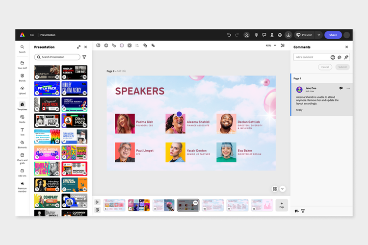 A copy of an Adobe Express template contains a presentation slide with headshots of various speakers for a conference.