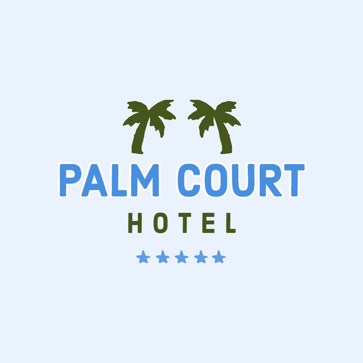Pam Court Hotel logo written in the font Harman Sans with 5 blue starts and icons of two green palms