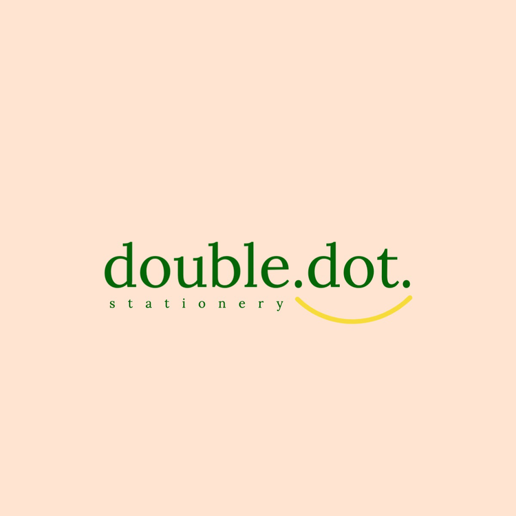 double.dot. stationery log written in the font Lora in green with a yellow line connecting the two dots against a beige background