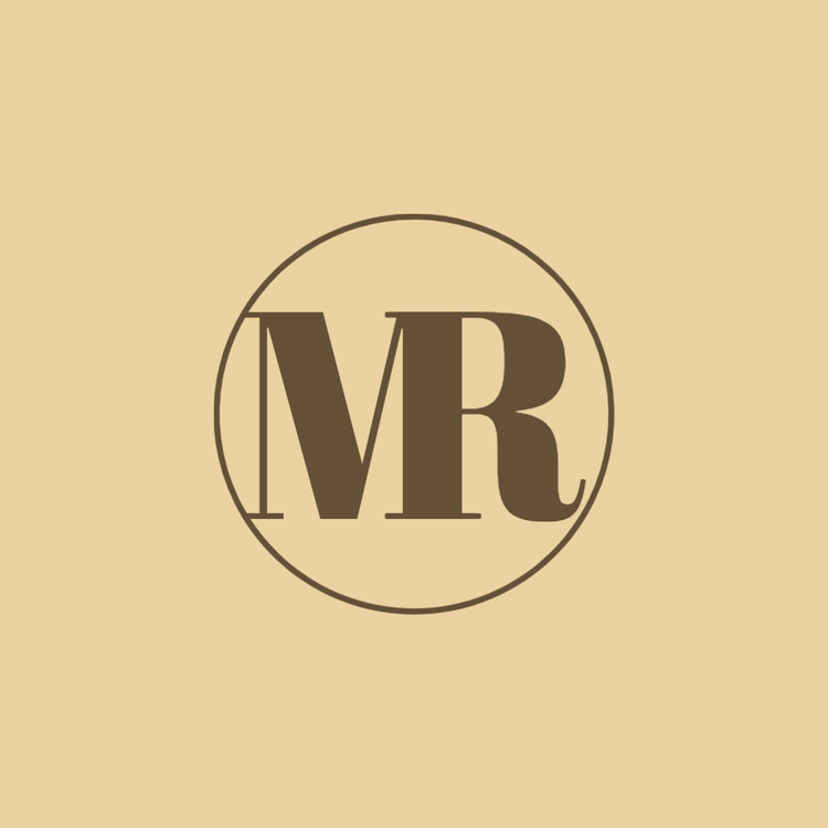 MR monogram logo written in the font Abril in brown against a pale yellow background