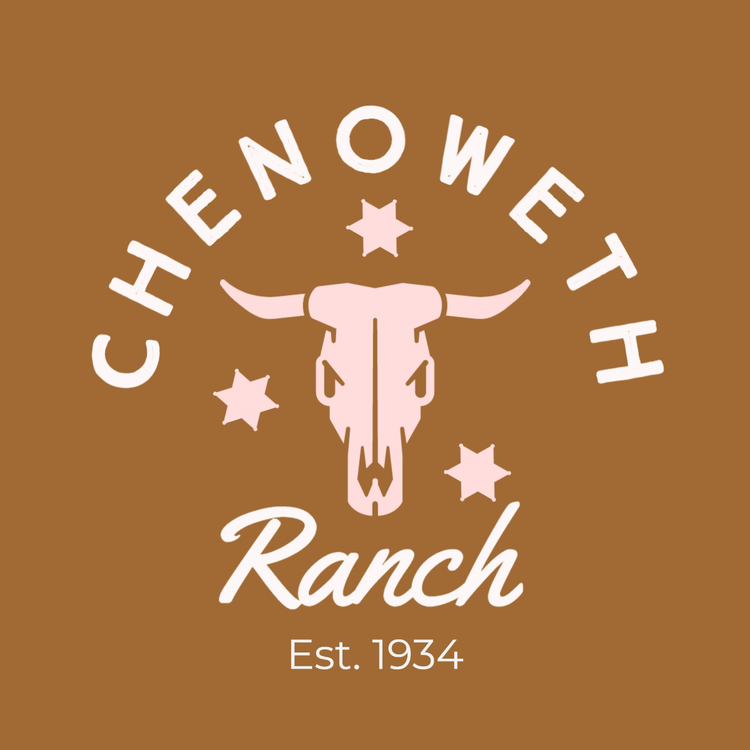 Chenoweth Ranch Est. 1934 logo written in the fonts True North Inline, Yellowtail, and Montserrat with an icon of a bull skull