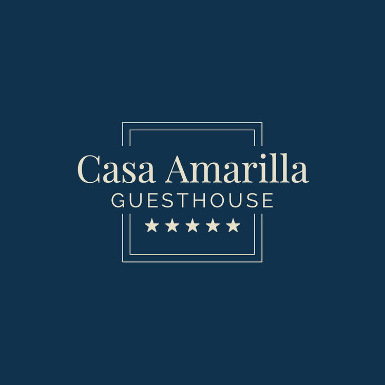 Casa Amarilla Guesthouse logo written in the fonts Playfair Display and Raleway in white with 5 stars against a navy blue background