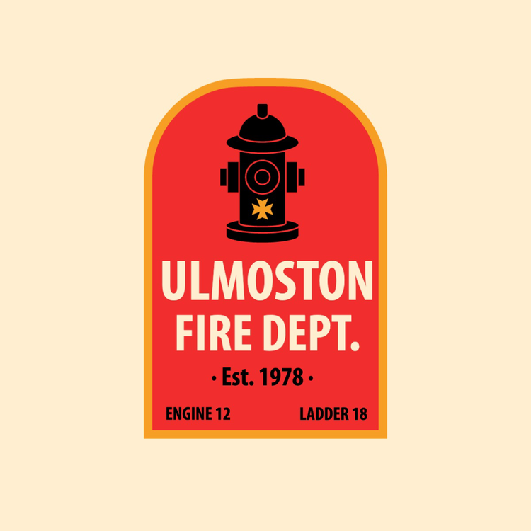 Ulmoston Fire Dept. Est. 1978 Engine 12 Ladder 18 logo written in the font Myriad with an icon of a hire hydrant