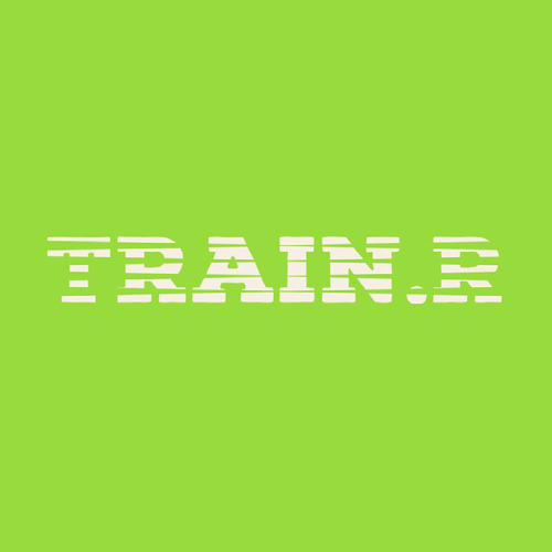 Train.r logo written in the font Nexa Rust Slab in white with stripes cutting through it against an electric green background