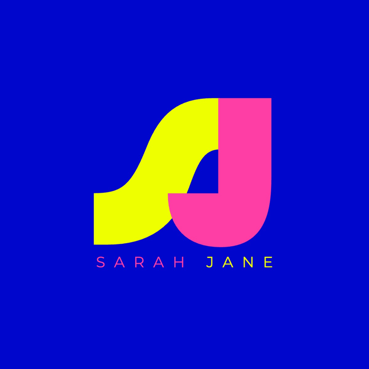 Sarah Jane yellow and pink monogram logo written in a modern display font against a bright blue background