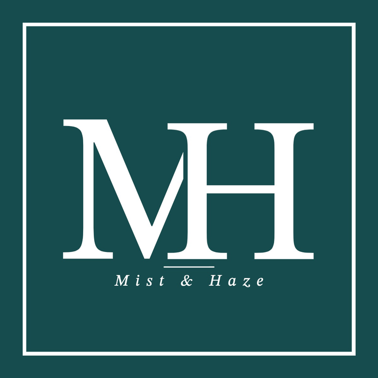 Monogram Mist & Haze logo written in a white serif font against a dark turquoise green background