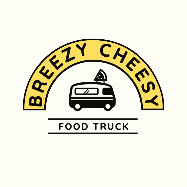 Breezy Cheesy Food Truck logo written in a sans serif font with an icon of a pizza food truck