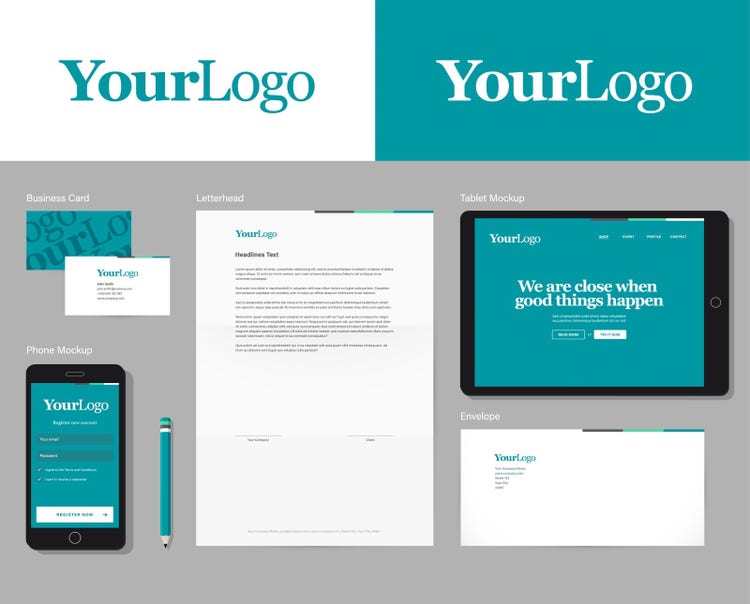 Brand identity template with examples of what a logo would look like in different colors as well as on various business items