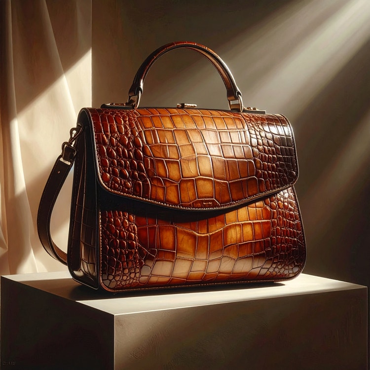 Imagem gerada por IA de uma bolsa de couro marrom de crocodilo exibida em um pedestal, iluminada dramaticamente por iluminação suave de estúdio.