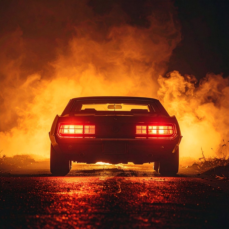 Imagem gerada por IA de um muscle car clássico visto por trás, estacionado em uma estrada cercada por chamas e fumaça. As lanternas traseiras do carro brilham em vermelho contra o fundo laranja ardente, com iluminação dramática de alto contraste criando uma atmosfera cinematográfica de alta intensidade.