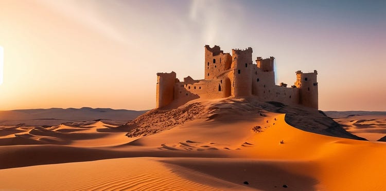 Imagem de IA de castelo de areia no deserto gerada para o módulo de comparação entre o Firefly e o Stable Diffusion