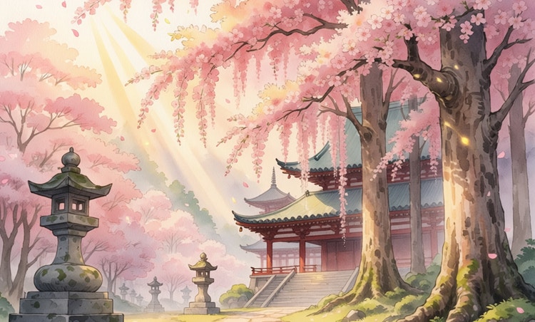 Templo japonês de anime de IA e terrenos com cerejeiras florescendo