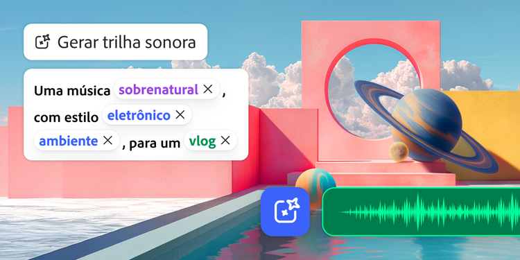 Interface de gerador de música por IA com diversos estilos musicais e uma visualização de ondas sonoras em um fundo arquitetônico vibrante.