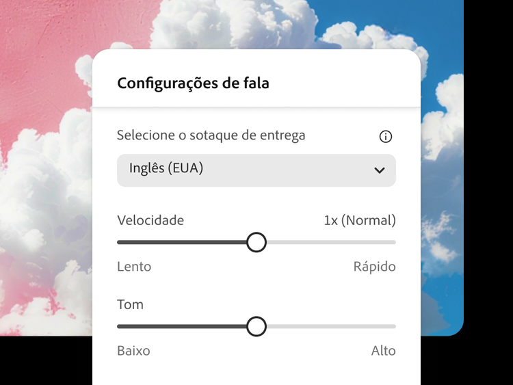 Menu de configurações de fala com opções para selecionar o sotaque inglês (EUA), ajustar a velocidade da fala (definida como 1x) e o tom (definido como médio), em um fundo de céu rosa e azul com nuvens.