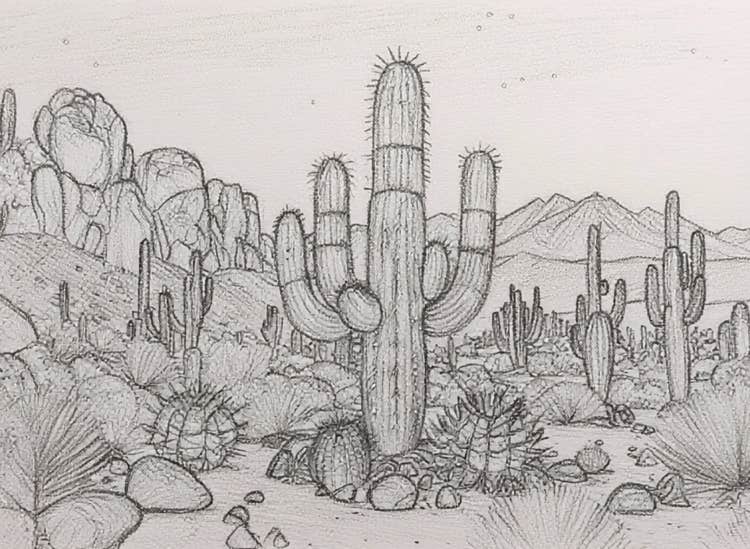 Desenho a lápis gerado por IA de uma cena onírica de deserto com uma variedade de cactos.