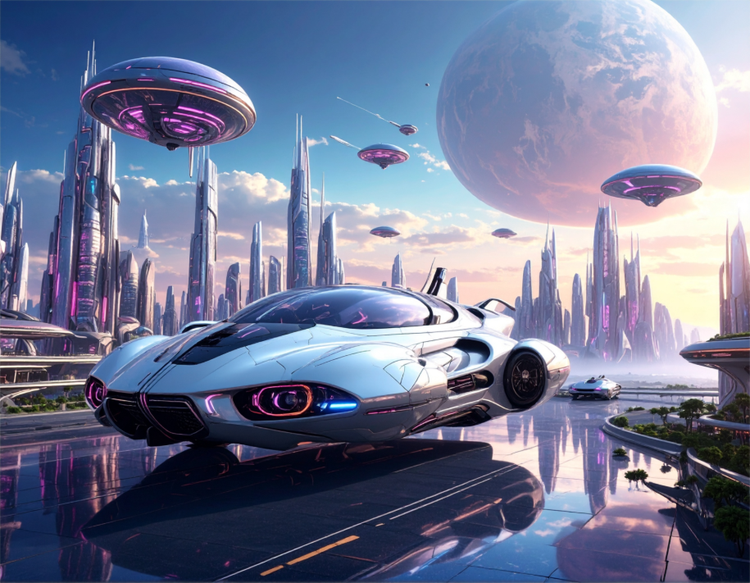 Uma paisagem urbana futurista de ficção científica criada com a IA generativa do Firefly.