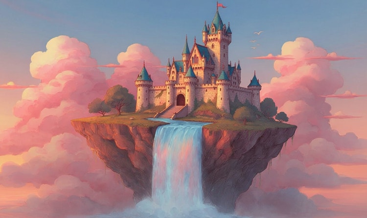 Um castelo fantástico em uma ilha flutuante com uma cachoeira, cercado por nuvens rosa ao pôr do sol.