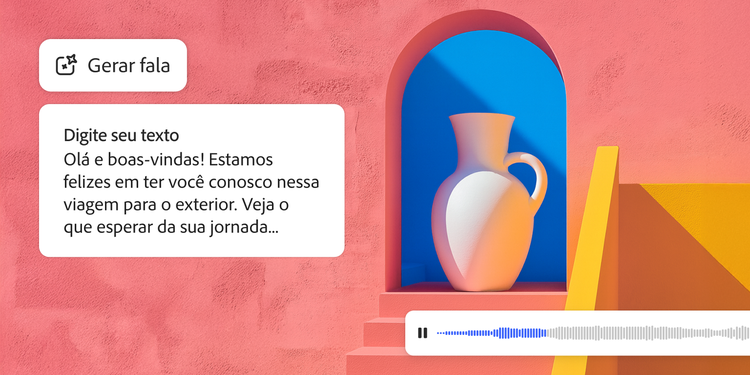 Interface digital para geração de fala, apresentando uma caixa de texto com mensagem de boas-vindas, um ícone “Gerar fala” e uma forma de onda de áudio abaixo de uma ilustração de um vaso branco em um nicho azul arqueado