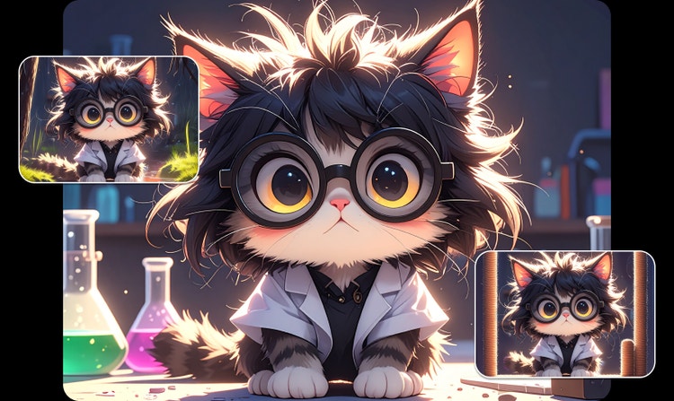 Um personagem felino usando óculos e jaleco branco é mostrado em três cenários diferentes, mantendo a mesma aparência do personagem.