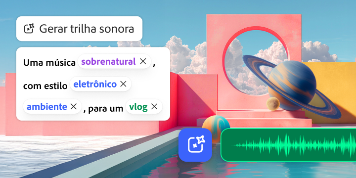 Interface de gerador de música por IA com diversos estilos musicais e uma visualização de ondas sonoras em um fundo arquitetônico vibrante.
