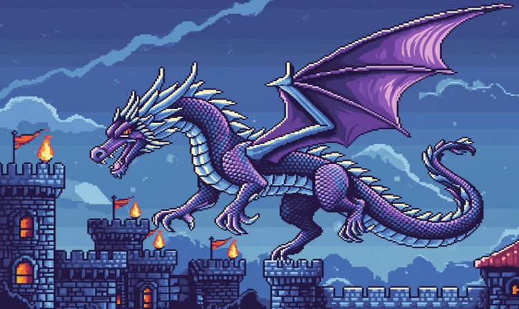 Pixel art gerada por IA de um dragão roxo sobrevoando as torres de uma castelo medieval à noite.