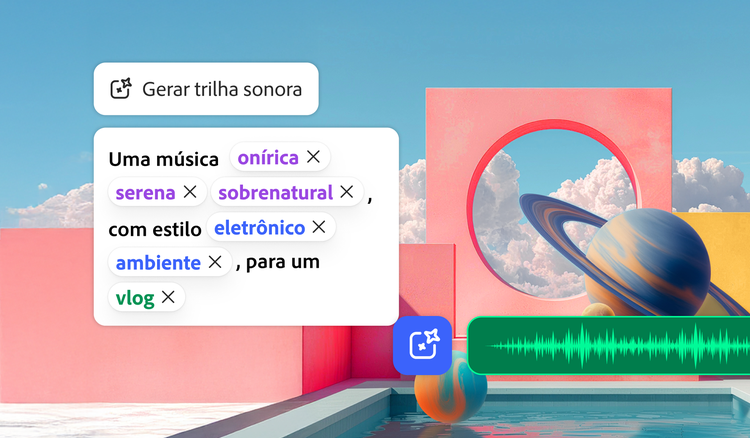 Interface de gerador de música por IA com diversos estilos musicais e uma visualização de ondas sonoras em um fundo arquitetônico vibrante.
