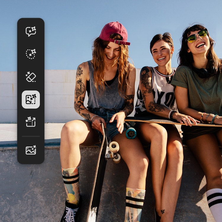 Três mulheres com tatuagens e skates sentadas em um muro com sobreposição do menu Ações rápidas do Firefly.