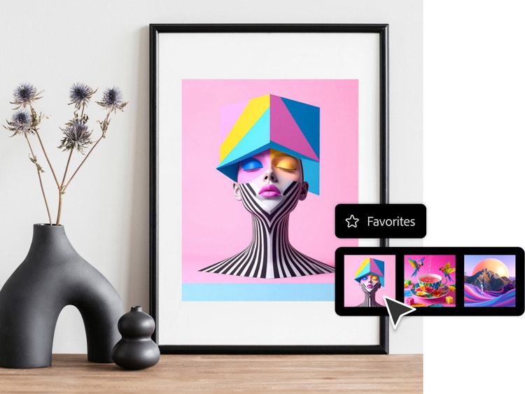 Design gráfico de um retrato surreal com rosto decorado, pescoço com listras e chapéu geométrico em forma de cubo multicolorido exibido em uma moldura moderna em um cenário de design de interiores minimalista.