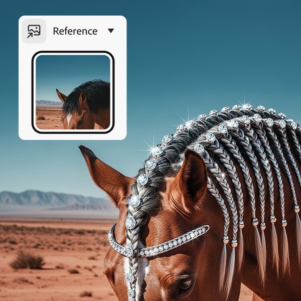 Um cavalo marrom com crina elaboradamente trançada e ornamentada com diamantes, com uma sobreposição mostrando uma imagem de referência do mesmo cavalo sem as tranças ou joias.