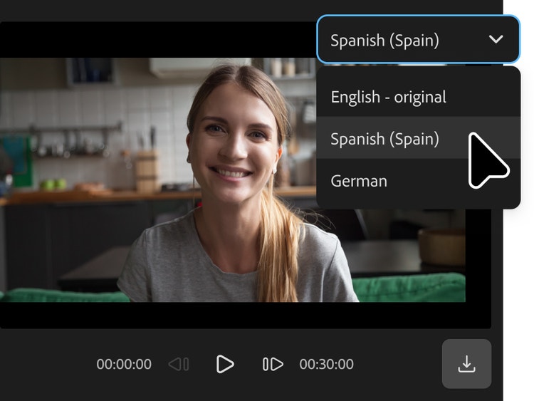 Uma mulher olha para a câmera, aparentemente sentada num sofá com a cozinha ao fundo. A interface no canto superior direito mostra um cursor selecionando entre diferentes idiomas e escolhendo “Espanhol (Espanha)”.