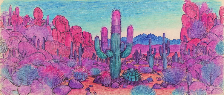 Desenho em lápis de cor gerado por IA de uma cena onírica de deserto com cactos néon brilhantes sob iluminação em degradê e clima melancólico.