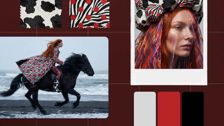 Uma mulher usando um casaco com estampa de zebra em cima de um cavalo, incluída em um moodboard de moda com diversas cores, estilos e texturas.