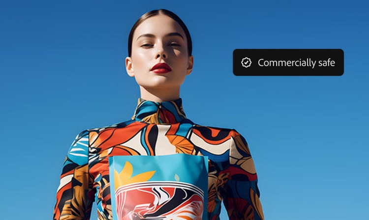 Mulher com uma blusa estampada colorida, com a sobreposição do selo Comercialmente seguro.