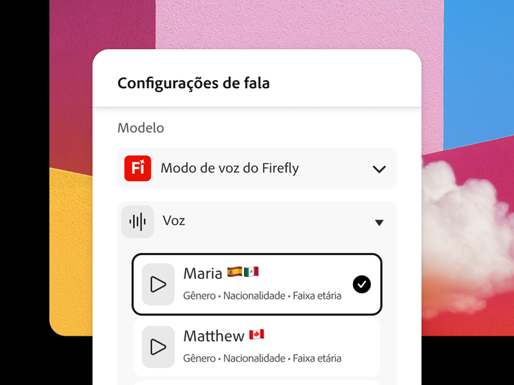 Interface de configurações de fala mostrando o “Modo de voz Firefly” selecionado, com as opções de voz “Maria” (bandeiras da Espanha e do México) e “Matthew” (bandeira do Canadá); a opção “Maria” está selecionada no momento.