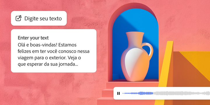Interface digital para geração de fala, apresentando uma caixa de texto com mensagem de boas-vindas, um ícone “Gerar fala” e uma forma de onda de áudio abaixo de uma ilustração de um vaso branco em um nicho azul arqueado