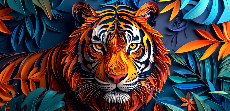 Arte em estilo de papel gerada pelo Firefly mostrando o rosto de um tigre com pelo laranja, cercado por folhas tropicais azuis e turquesa