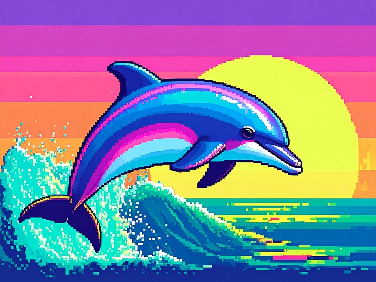 Pixel art gerada por IA de um golfinho saltando sobre as ondas durante o pôr do sol.
