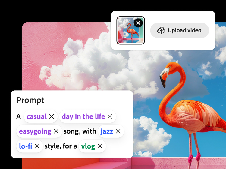 Flamingo em pé em frente a nuvens fofas e uma parede rosa, com comandos sobrepostos para criar uma trilha sonora casual para um vlog cotidiano usando estilos musicais de jazz e lo-fi.