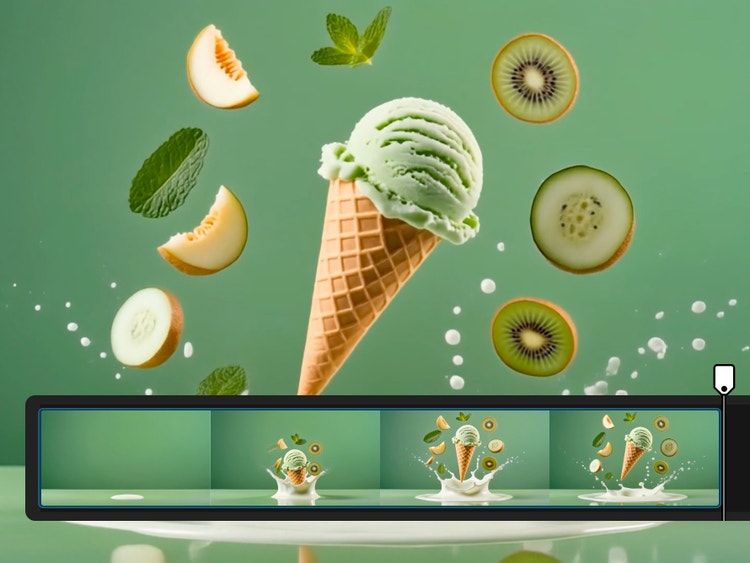 https://main--da-cc--adobecom.aem.page/cc-shared/assets/products/firefly/features/ai-video-editor/media_16675915f8aea7c5752e63ce7ad6d61073c3324b3.mp4 | Linha do tempo do editor de vídeo do Firefly mostrando um sorvete verde com fatias flutuantes de kiwi e melão.